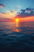 AI generated A serene sunset over calm waters, casting a warm, soothing glow on the horizon photo