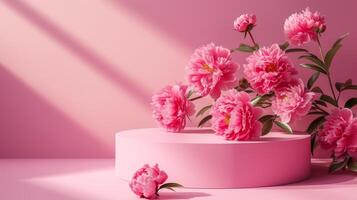 AI generated Empty pink podium and peonies flowers next to it on a minimalistic pink background photo