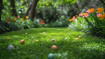AI generated A lush garden where the Easter Bunny hides eggs for children photo