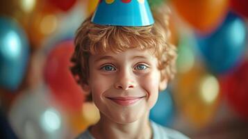 ai generado un con los ojos muy abiertos cumpleaños Niños mueca revela el escarpado deleite de un inesperado celebracion foto