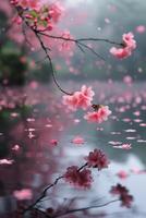 AI generated Delicate cherry blossoms falling gently on a calm pond's surface photo