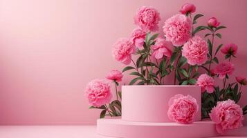 AI generated Empty pink podium and peonies flowers next to it on a minimalistic pink background photo