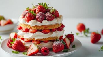 AI generated A mouthwatering strawberry shortcake adorned with fresh berries, set against a clean photo
