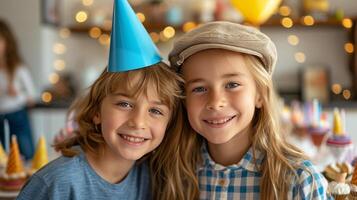 ai generado hermanos' radiante sonrisas escaparate su enlace durante un memorable articulación cumpleaños fiesta foto