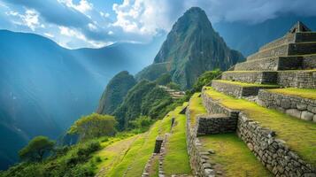 ai generado descubriendo el antiguo misterios de machu picchu, alto en el Andes montañas foto