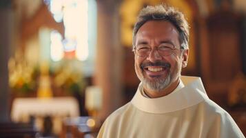 ai generado un del sacerdote sereno sonrisa, capturar el esencia de paz y devoción en el Iglesia foto