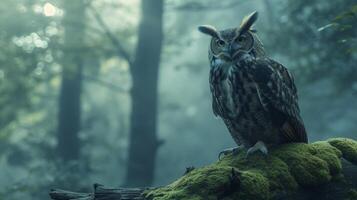 AI generated A wise old owl perched on a moss-covered tree branch in a misty forest photo