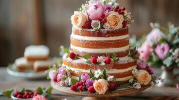 AI generated A stunning naked cake adorned with fresh flowers and greenery, creating a rustic yet elegant look photo