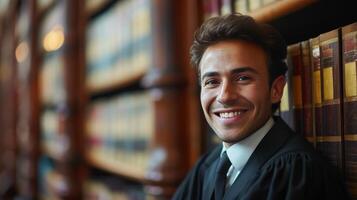 ai generado un ley estudiantes sonrisa representa su entusiasmo para aprendizaje y un brillante legal futuro foto