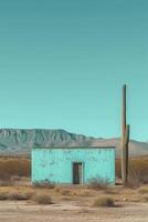 ai generado un sereno, minimalista Desierto paisaje con un solitario cactus debajo un claro cielo foto