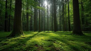 AI generated A serene moment in the heart of a tranquil forest, surrounded by towering trees photo