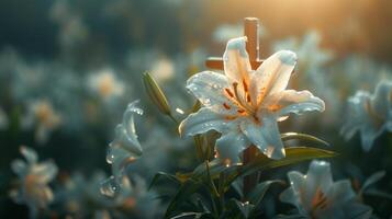 ai generado un cruzar adornado con lirios y radiante luz, simbolizando el Pascua de Resurrección mensaje foto