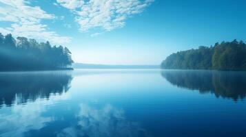 ai generado calma aguas en sombras de azul espejo el serenidad de un pacífico orilla del lago escena foto