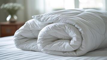 AI generated A white duvet neatly folded on a white bed background is the perfect household accessory for the colder months photo