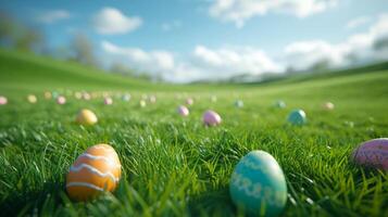 AI generated A trail of pastel-colored eggs leading to a hidden treasure on a grassy meadow photo