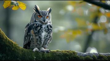 AI generated A wise old owl perched on a moss-covered tree branch in a misty forest photo