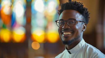 AI generated A young pastor, his cheerful expression reflecting his unwavering dedication to the church photo