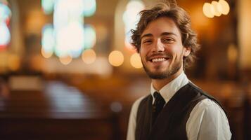 AI generated A young pastor, his cheerful expression reflecting his unwavering dedication to the church photo