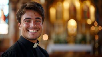 ai generado un joven sacerdote, radiante calor y compasión, sonriente dentro el santificado paredes de el Iglesia foto