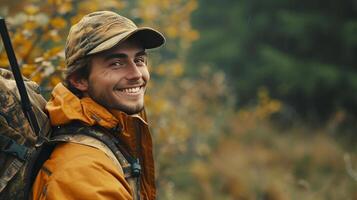 ai generado un leñador disfrutando su caza experiencia, su radiante sonrisa mejorando el foto