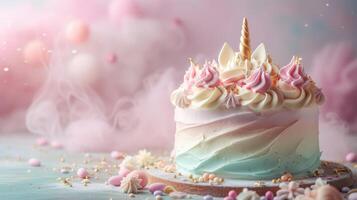 AI generated A whimsical unicorn-themed cake featuring pastel colors and golden accents against a simple backdrop photo