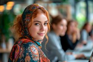 AI generated Stylish redhead enjoys her time in a chic urban coffee shop. photo