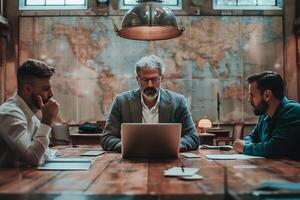 AI generated Business team in strategic meeting with world map background in a vintage office setting. photo