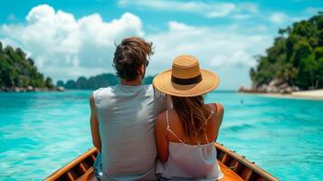 AI generated Back view of a couple embracing each other on a boat with a tropical island background. photo