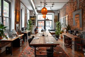 AI generated Contemporary office with brick walls, large windows, and communal work tables for professionals.Modern Co-working Space with Exposed Brick photo