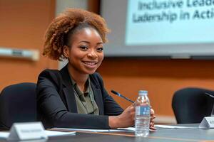 AI generated A poised and confident female business leader participates in a conference with a friendly demeanor. photo