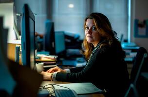 AI generated Serious female professional concentrating while working on a computer in a dimly lit office photo