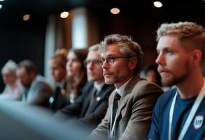 ai generado grupo de profesionales atentamente escuchando a un negocio seminario. foto