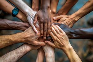 ai generado un circulo de multiétnico manos unido en solidaridad terminado un borroso antecedentes foto