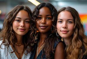 AI generated Three diverse, radiant young women smiling confidently at the camera. Portrait of Diverse Beautiful Young Women photo