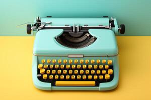 ai generado un Clásico turquesa máquina de escribir con amarillo llaves en un amarillo fondo, evocando un nostálgico ambiente foto