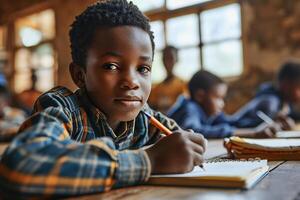 AI generated Attentive young student participating in a classroom lesson with peers photo