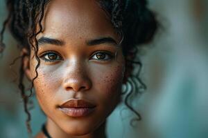 AI generated Captivating close-up of a young woman's face with striking eyes and freckles, exuding a strong presence. photo