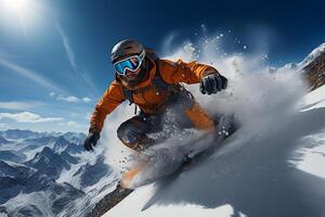 AI generated Adventurous snowboarder in action, cutting through the powder at high speed on a sunny mountain day. photo