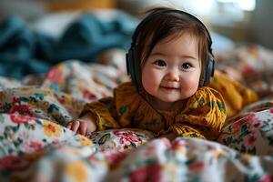 ai generado un sonriente pequeño asiático niña con auriculares mentiras en un floral colcha, experimentando el alegría de música foto