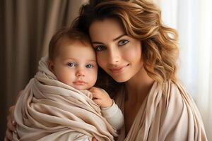 AI generated Radiant mother in a beige shawl holds her toddler close, sharing a loving gaze. mother's day concept. photo