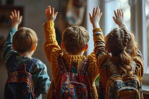 ai generado juguetón y comprometido niños con manos elevado en un aula, ansioso a participar en un grupo actividad. foto