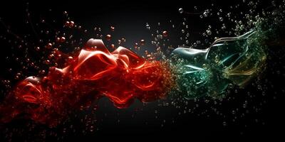 AI generated A dynamic interplay of red and green hues with bubbles in a fluid, abstract art form photo