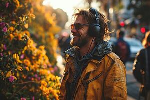 ai generado contento hombre en amarillo chaqueta con auriculares disfrutando música a puesta de sol foto