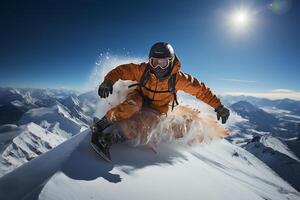 ai generado acción Disparo de un snowboarder en naranja engranaje tallado mediante profundo polvo en un soleado montaña foto