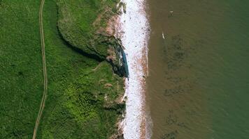 aéreo Visão do uma áspero litoral com ondas falhando para a costa, verde Campos adjacente para a penhasco borda. video