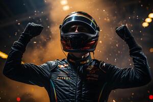 AI generated Close-up of a race car driver with a raised fist, celebrating a win against a dramatic backdrop. photo