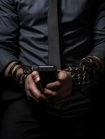 AI generated Man in suit bound by chains to smartphone, illustrating tech addiction photo