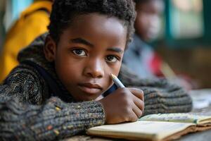 AI generated Young boy concentrating on homework with a pencil in hand photo