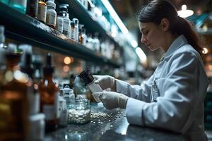 AI generated Focused female pharmacist sorting medication on shelves in a pharmacy photo
