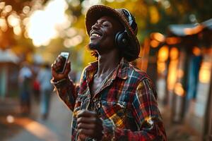 ai generado africano hombre con auriculares bailando alegremente en el calle a puesta de sol foto